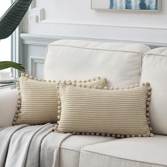 Fancy Homi Pack of 2 Tan Lumbar Decorative Throw Pillow Covers with Pom-poms, Soft Corduroy Solid Rectangle Cushion Cases Set for Couch Sofa Bedroom Car Living Room (12x24 Inch/30x60 cm, Beige)