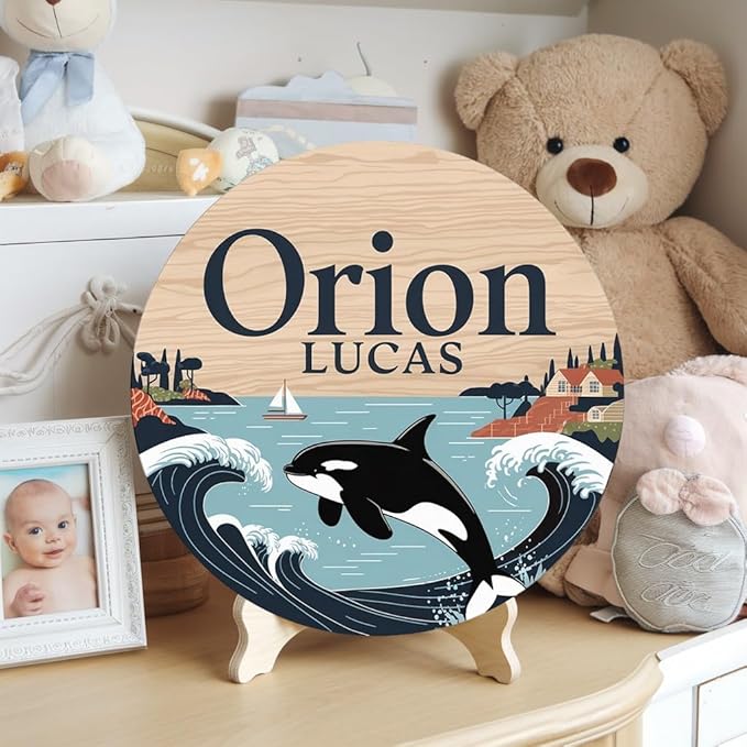 Personalized Name Signs for Kids Room, Whale Sign for Baby Door Decor, Newborn Gifts for Boy, Boys Nursery Wall Bedroom Decorations, Mother's Day Gifts for New Mom Dad Gift