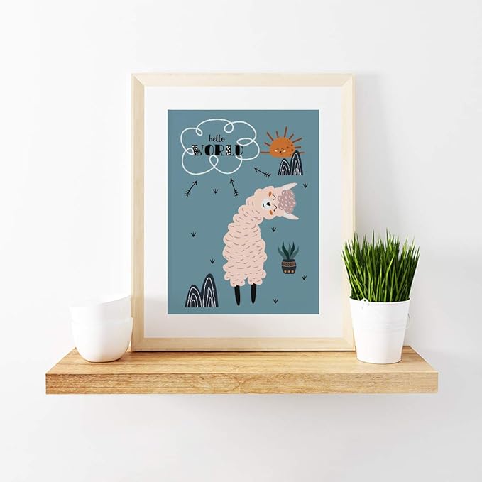 Andaz Press Nursery Kids Room Scandinavian Hello Llama Wall Art Decor Poster Prints, 8.5 x 11-inch, Scandinavian Hello World Llama Graphic, 1-Pack, Unframed