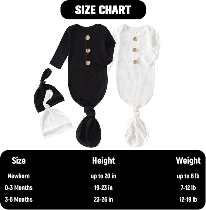 OPAWO Knotted Gown Baby Newborn Sleepers Baby Boy Coming Home Outfit, Bamboo Viscose Baby Gowns with Mitten Cuffs and Hat Set