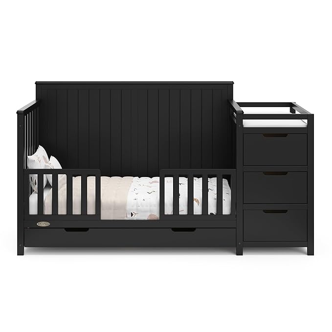 Graco Hadley 5-in-1 Convertible Crib & Changer (Black) – GREENGUARD Gold Certified, Fits Standard Crib Mattress, Converts to Toddler Bed and Full Bed, 4 Adjustable Mattress Heights