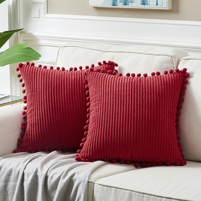 Fancy Homi 24x24 Pillow Covers, Pack of 2 Burgundy Throw Pillow Covers with Pom-poms, Super Soft Corduroy Square Solid Cushion Cover for Couch Sofa Bedroom Living Room 60x60 cm
