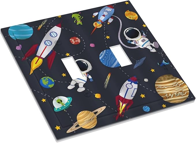 Rocket Planets Astronaut Blue Decorative 2 Gang Light Switch Plate Cover Double Toggle Wall Plate Decorative Switchplate Electrical Faceplate for Nursery Kidsroom Bedroom Decor