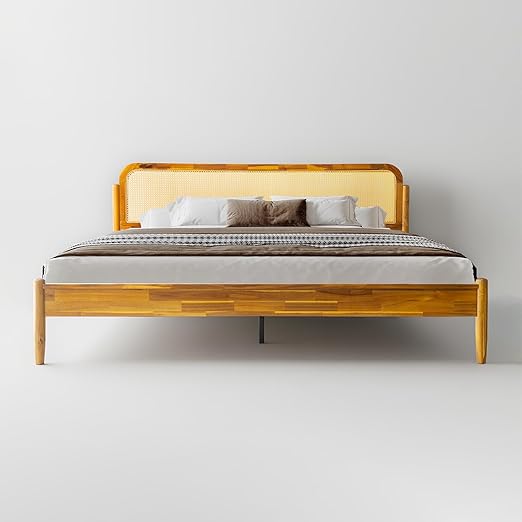 King Size Bed Frame Solid Wood Platform Bed with Headboard & Footboard, 12 Sturdy Slatted Base, Metal Legs, No Box Spring Needed, Noise-Free & Slip-Free, Easy Assembly, Acacia Honey Finish, JMK-38