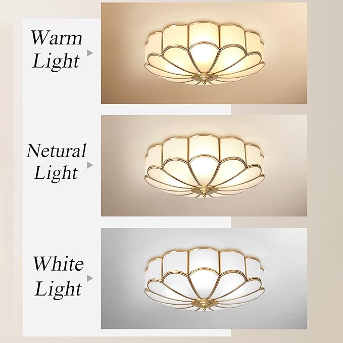 MIXL- Mid Century Brass Flush Mount Ceiling Light,LED Antique Brass Light Fixture, Modern Frosted Glass Ceiling Lamps for Living Room, Close to Ceiling Light Decorative for Bedroom(13.77" W)