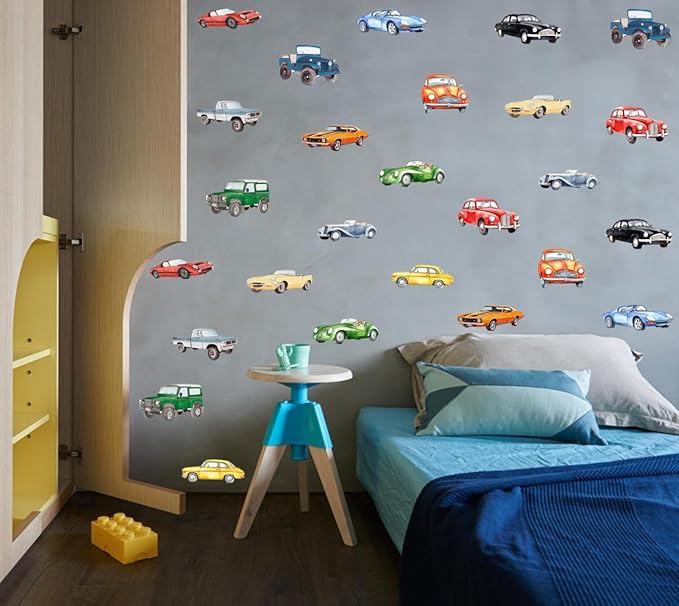 Watercolor Classic Car Wall Stickers, Retro Racecar Off-Road Vehicle Vinyl Wall Decals, Removable Vintage Car Artwork Wall Art for Boys Bedroom Playroom Decor