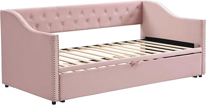 Merax Twin Size Upholstered Velvet Daybed with Pop Up Trundle, Multi-Functional Sofa Bed with Backrest and Two Armrest for Kids Room, Guest Room, Living Room,Pink
