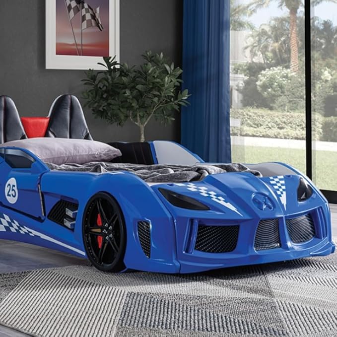MASARA Race Car Twin Bed with LED Lights, Music Player, Magnetic Doors (Blue)