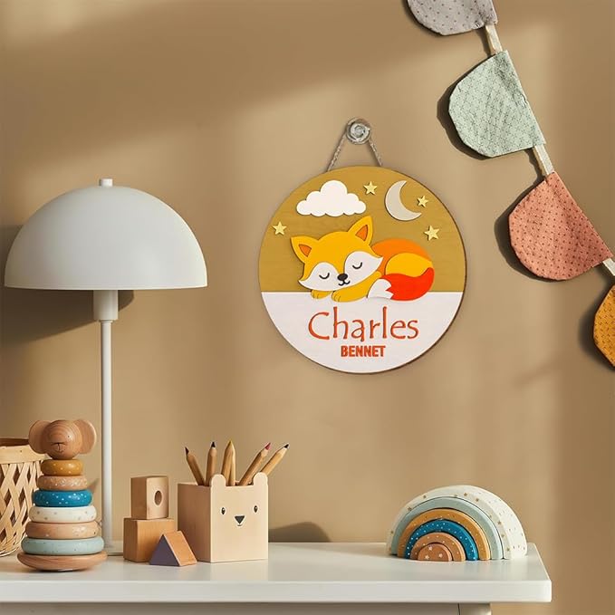 Personalized Wooden Name Sign with Sleeping Fox | Custom Door Sign for Nursery Wall Decor, Bedroom Wall Art, and Playroom Hanging Decoration