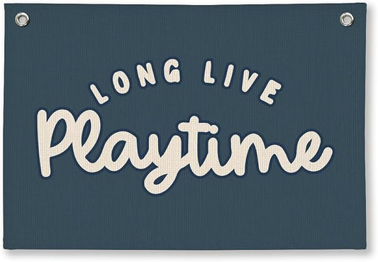 Playroom Decor for Boy, Long Live Playtime Wall Hanging Linen Banner, Blue Striped Wall Flag for Kids Room Nursery Playroom Decor, 20x30 Inch-Navy Blue