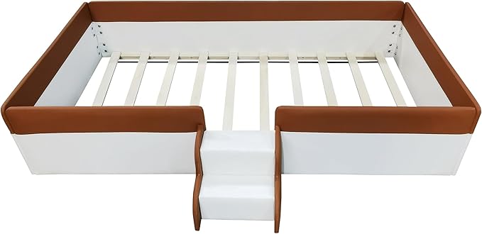 Twin Size Upholstered Daybed Frame with Fence and Stairs, Montessori Kids Floor Bed with Sturdy Slat Support for Kids Boys Girls (Brown+Twin)