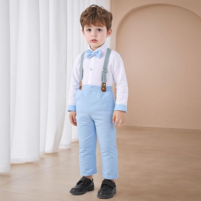Baby Boys Pants Sets, Infant Long Sleeve Shirt + Pants + Bow Tie + Suspenders,Toddler Outfits
