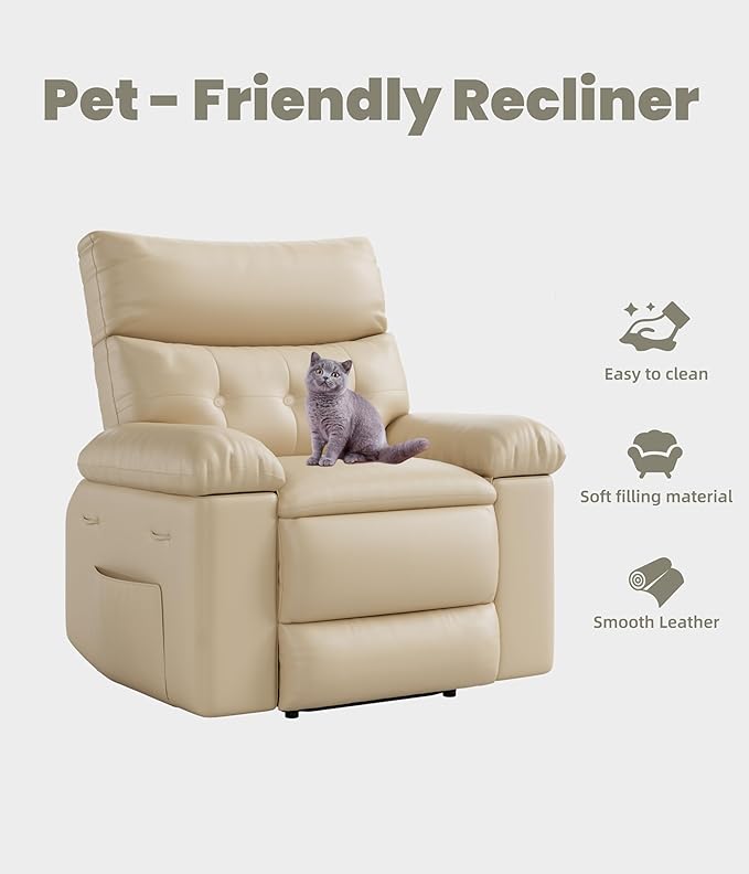 GarveeHome Recliner Chair - PU Leather Manual Recliner for Adults, Lazy Chair with 1.5X Sponge Comfort Arm and Back for Living Room, Bedroom