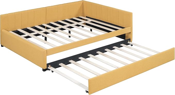 Harper & Bright Designs Full Size Upholstered Daybed with Trundle Sofa Bed Frame for Boys Girls Kids Adults Toddler No Box Spring Needed, Linen Fabric(Yellow)