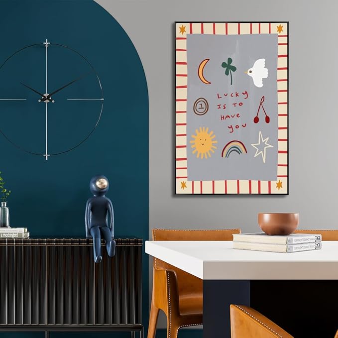 Colorful Cute Cartoon Posters Lucky Is To Have You Inspirational Wall Art Boho Nursery Positive Affirmations Canvas Minimalist Print Decor Picture for Kids Bedroom Playroom 24x36inch Metal Black Frame