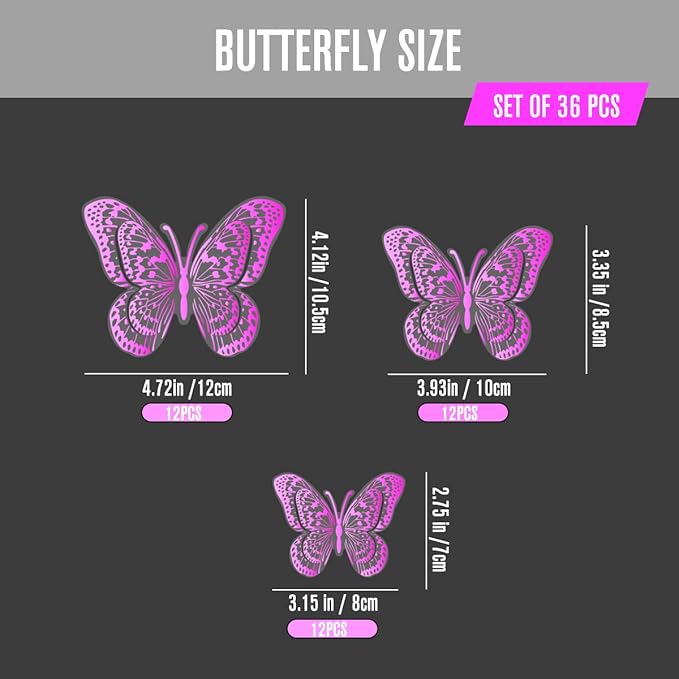 36PCS Butterfly Wall Decals - Purple Butterflys Stickers Mural Wall Decor Home Decor Kids Room Bedroom Decor Living Room Decor, Removable Reusable Stickers
