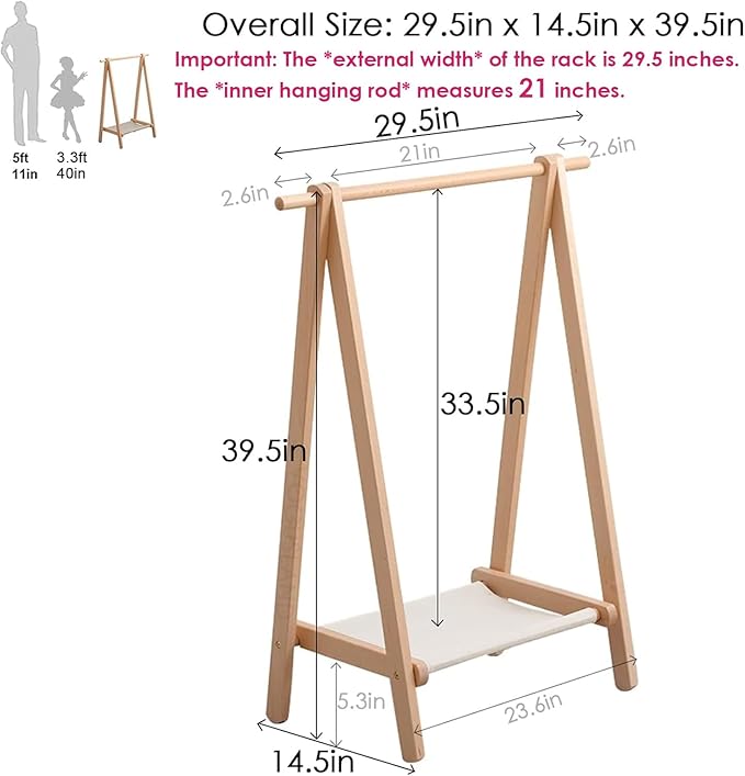 Dress up Rack, Child Garment Rack, Kids Clothing Rack with Storage Shelf (Natural Beech, 29.5" L x 14.5" W x 40" H)