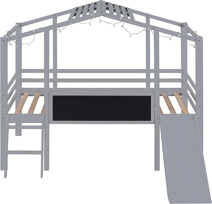 Play Fun Design Twin Size Loft Bed with Ladder and Slide for Kids Boys Girls, Solid Wood House Loft Bed Frame with Blackboard and Light Strip on The Roof, Sturdy Slat Support (Gray-6)