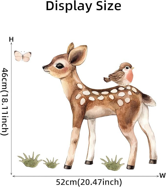 Cute Fawn and Bird Butterfly Deer Wall Stickers, sacinora Cartoon Jungle Animals Wall Decals Removable Vinyl Peel and Stick for Kids Baby Nursery Living Room Bedroom Children's Room Art Decorations