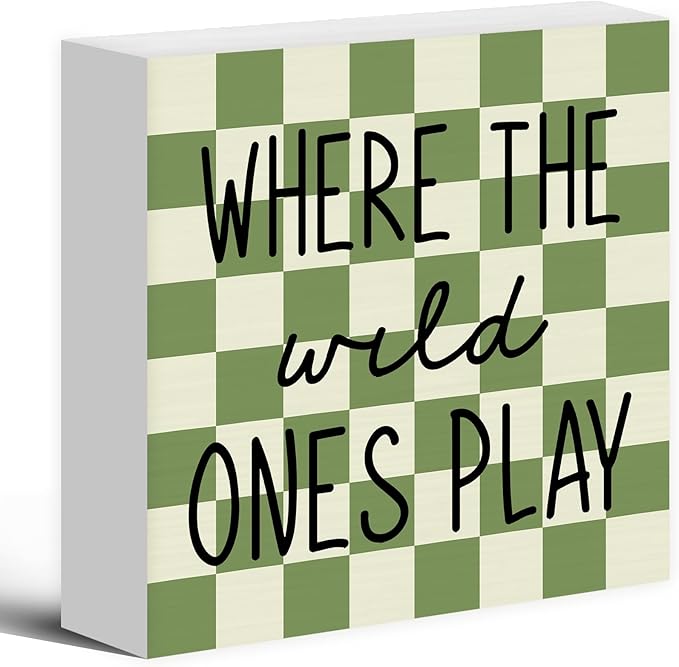 Where The Wild Ones Play Wood Box Sign Desk Decor 5X5, Nursery Kids Room Wooden Block Sign Decorations for Playroom Toddler Boys Girls Room Wall Tabletop Shelf Decor