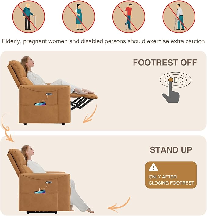Adjustable Power Recliner Chair, Comfy PU Leather Electric Recliner Chair, Power Recliners with USB Port, Eco-Certified Small Recliners for Small Spaces Sofa Reclinable, Brown