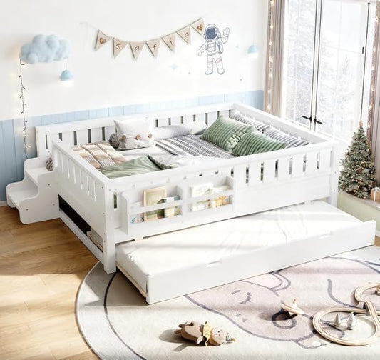 Bellemave Full Size Kids Bed with high Rails and with Built-in Bookshelf and Trundle for Kids, Girls, Boys, Wood Montessori Bed Without Door, White