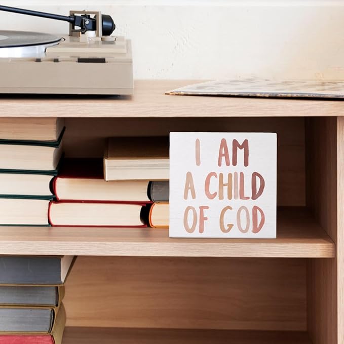 Boho Neutral Baby Girl Boy Nursery Decor - I am a Child of God Christian Wood Box Sign Desk Decor, Toddler Boy Girl Room Decor, Christian Desk Decor, Bible Verse Decor, 5x5