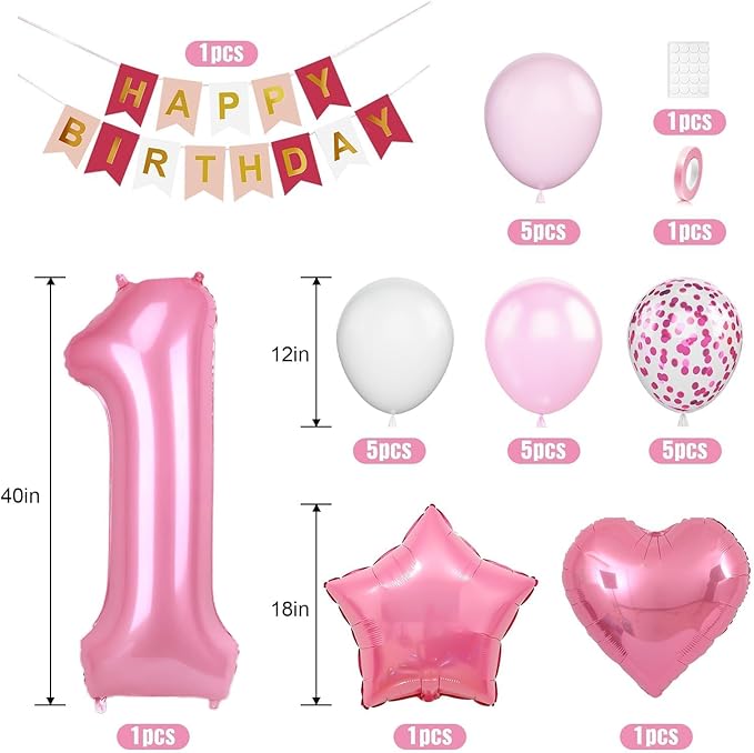 1st Birthday Decoration for Girls, Pink White Confetti 1st Birthday Balloon with 40 Inch Number 1 Pink Balloon Star Heart Balloons and Happy Birthday Banner for Baby 1 Year Old Birthday Party Decor