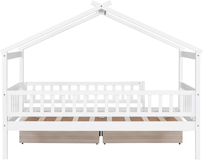 Merax Twin Size Wooden House Bed with Two Drawers, Wood Bed Frame with Roof and Safety Guardrail for Kids, Teens, Boys or Girls, White