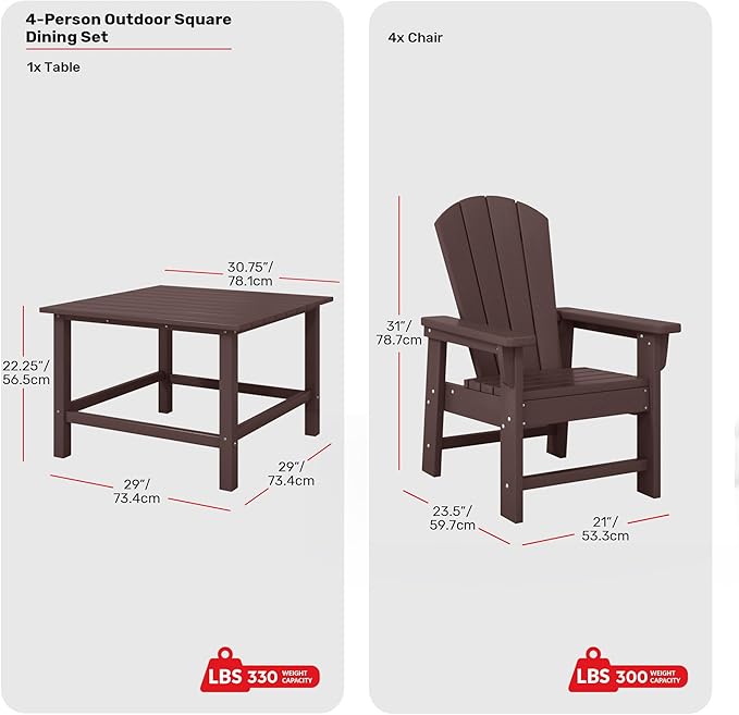Costaelm Paradise Kids 5-Piece HDPE Outdoor Square Patio Dining Table and Chairs Set, Dark Brown