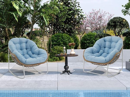 Oversized Outdoor Papasan Rocking Chair Set of 2 with Soft Cushion, Comfy Patio Egg Chair, Wicker Lounge Rocker for Balcony/Porch/Garden, Reinforced All Weather Rattan Frame, Sky Blue