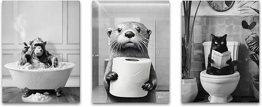 Framed Black and White Bathroom Wall Decor, Funny Animals Canvas Wall Art, Cute Otter Holding A Roll of Toilet Paper, Chimpanzee in Bathtub and Cat Reading Newspaper on the Toilet Pictures 24'' x 16''