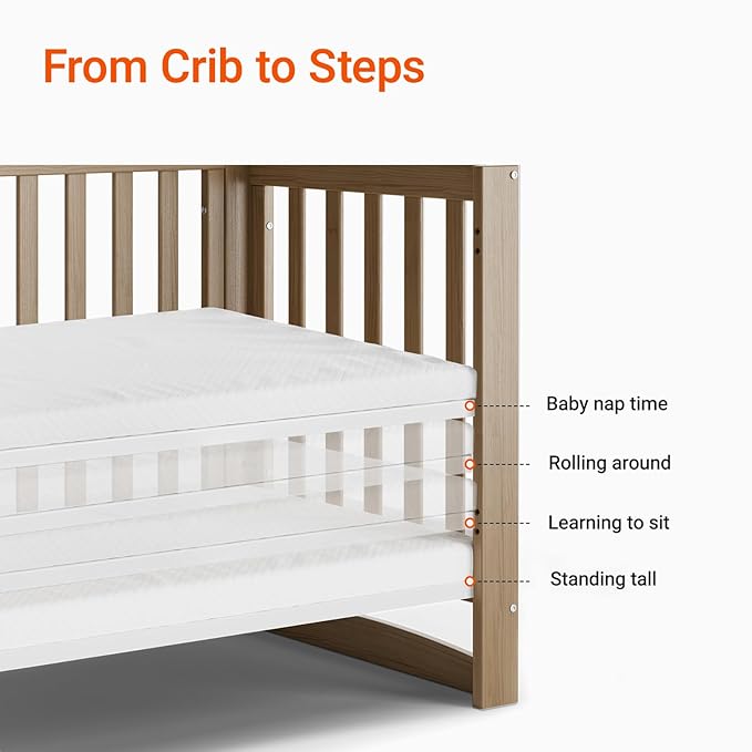MAMAZING EvoNest Baby Crib, 11 in 1 Convertible Mini Crib with Wheels, 100% New Zealand Wood Growing Bed, 4 Adjustable Mattress Height, Walnut Brown