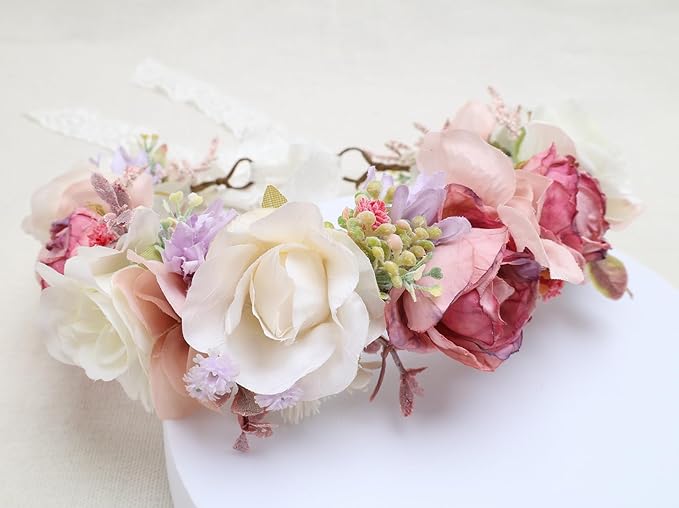 Flower Crown for Girls Children Floral Headpiece Pink Kids Headband Wedding Holo Hair Accessories Birthday Photo Prop (Dark Pink)