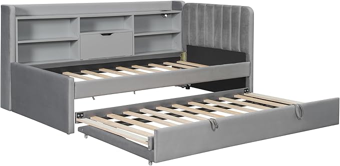 Twin Size Daybed with Trundle and Storage L-Shaped Bookshelf Headboard, Velvet Upholstered Soft Corner Bed with Charging Station and Shelves for Kids Boys Girls, Gray
