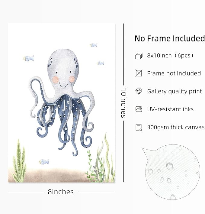 Wodkwq Nursery Wall Art Sea Animal Canvas Prints Baby Girl Boy Room Decor Watercolor Paintings Pictures Cute Ocean Theme Toddler Room Decoration Set of 6 for Kids Bedroom Bathroom 8x10in Unframed