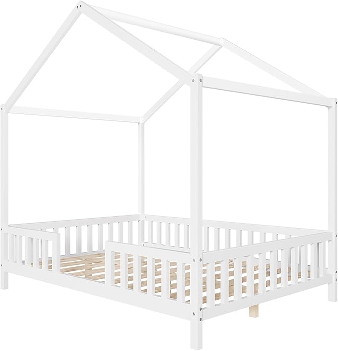 Montessori Floor Bed with Canopy, High Railings and Roof, Full Size Wood House Bed Frame for Kids Bedroom (White/C)