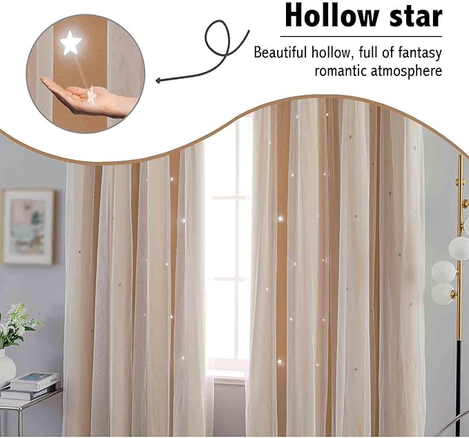 Anytime Romantic Kids Curtain,Hollow-Out Stars Window Curtain Double Layer Blackout Curtains for Girls Bedroom Kids Room 2Panel,(W52 x L72,Beige)