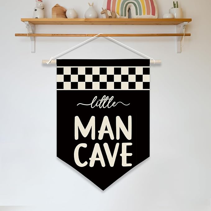 Little Man Cave Wall Banner for Boys Room – Black & White Checkered Canvas Wall Hanging Sign for Kids Playroom, Toddler Bedroom Decor, Cool Poster Gift for Son or Grandson 11x16 inch(KD25)