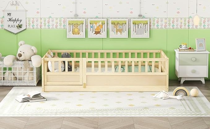 GDFStudio Twin Size Toddler Floor Bed Frame with Door & Guardrails, Toddler Twin Bed Frame for Kids Boys Girls, Low to Floor Child Bed Rail Design, Wooden Floor Bed for Baby, No Support Slat, Natural