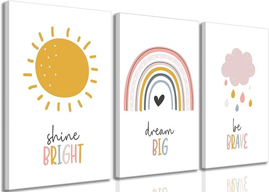 3 Pcs Boho Nursery Canvas Wall Art Dream Big Be Brave Shine Bright Bohemia Sun Rainbow Pictures Kids Wall Decor Poster Print Artwork for Boys Girls Bedroom Children Room Home Decoration