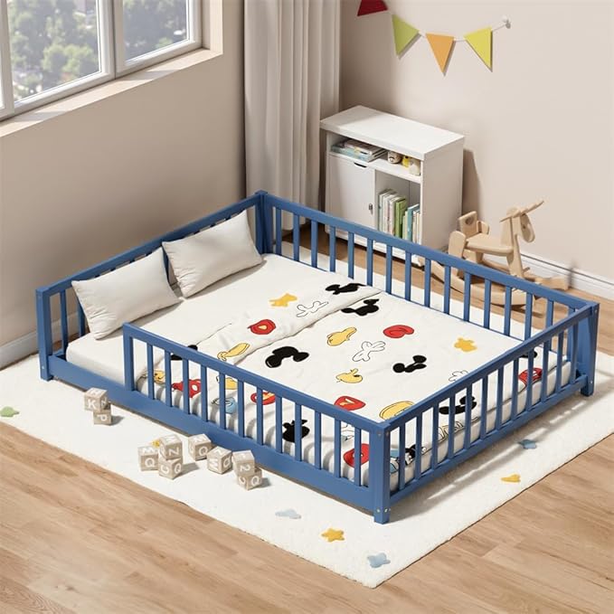 i-POOK Full Floor Bed Frame with Wood Slats, High Fence & Small Door, Pinewood Montessori Floor Bed for Girls and Boys, Mist Blue