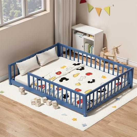 i-POOK Full Floor Bed Frame with Wood Slats, High Fence & Small Door, Pinewood Montessori Floor Bed for Girls and Boys, Mist Blue