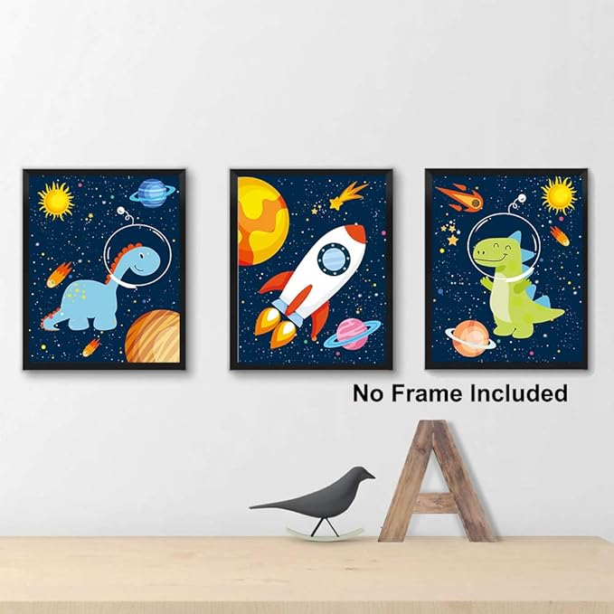 KAIRNE Dinosaur Outer Space Art Print, Solar System Planet Canvas Poster,Set of 4 (8X10inch,Unframed) Animal Astronaut Wall Art for Kid Room Decor