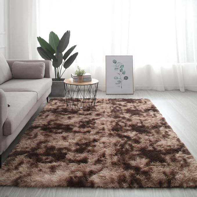 DweIke Fluffy Brown Rugs for Bedroom Living Room, 3x5 Feet Soft Plush Shaggy Tie-Dyed Dark Coffee Girls Boys Kids Rug, Upgraded Non-Slip and Machine Washable Carpet for Dorm Nursery Classroom Decor