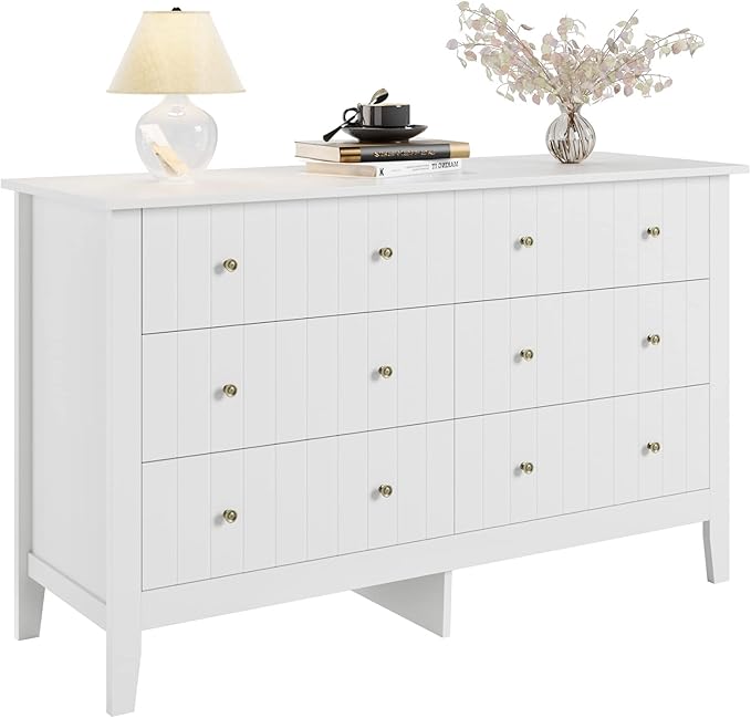FOTOSOK White Dresser, Chest of Drawers, Modern 6 Drawer Double Dressers with Deep Drawers, Nursery Dresser for Baby, Wide Storage Organizer Cabinet for Living Room, Hallway,White