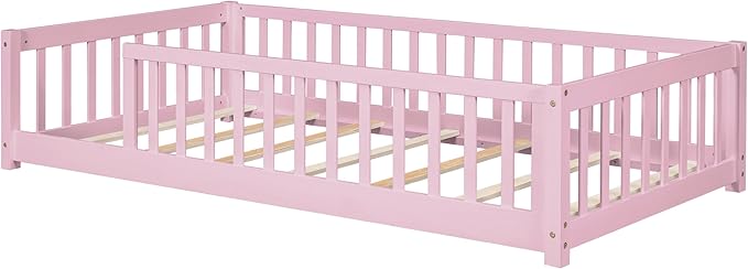 Twin Size Kids Montessori Floor Bed,Twin Floor Bed Frame with Slats,Solid Wood Twin Bed Frame for Girls Boys,Pink