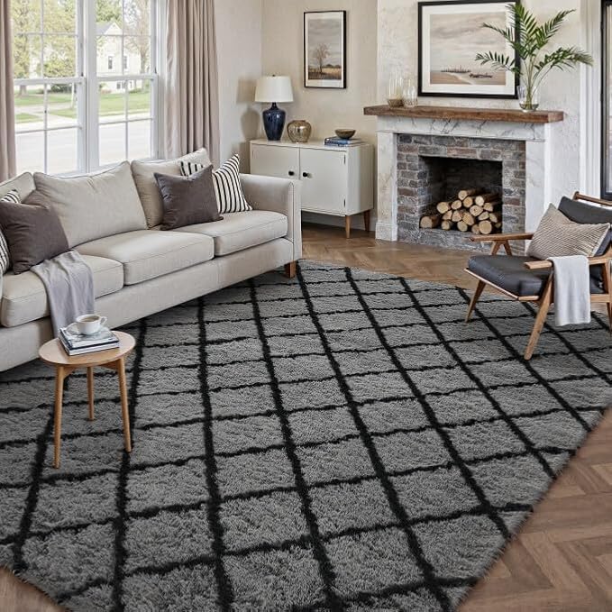 6x9 Checkered Rug for Living Room Grey and White Modern Soft Area Rug Fluffy Non-Slip Carpet for Bedroom Playroom Home Aesthetic Decor