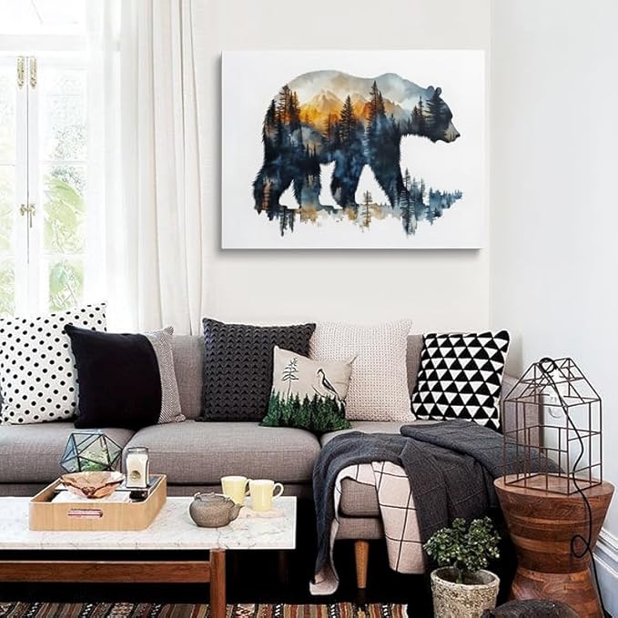 Bear Silhouette with Mountain Landscape Canvas Wall Art - Framed Nature Inspired Painting, Wildlife Forest Scene Wall Decor Artwork for Living Room, Cabin, Bedroom, Office (12x16 Inches)
