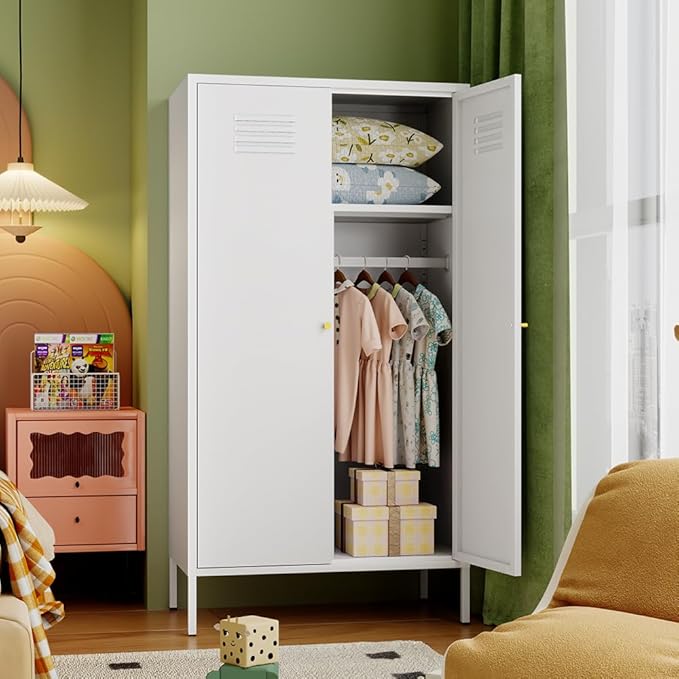 2 Door Metal Wardrobe,Classified Storage Tall Storage Cabinet with Hanging Rod&2 Freely Adjustable Shelves, Metal Armoire Closet for Kids Bedroom, Laundry Room,Home (Storage Cabinet, White)